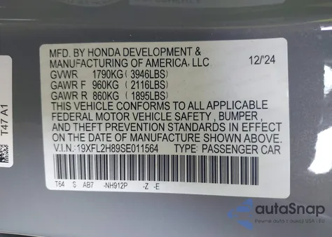 2025 Honda Civic Sport из США, поврежденный, VIN 19XFL2H89SE011564